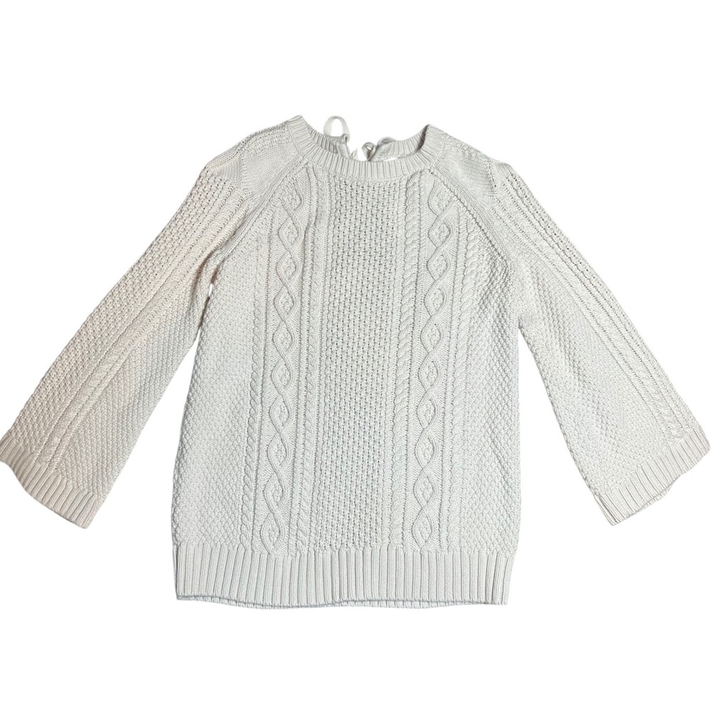 J.Crew Womens Ivory Cotton Cable Knit Tie Back Sweater Small Cream Raglan Long S